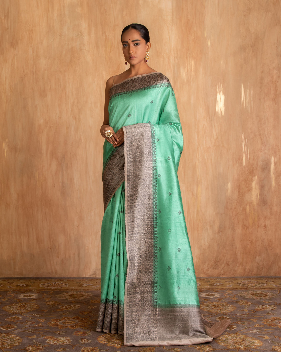 Lavani Black Zari Buti Saree Raw Silk