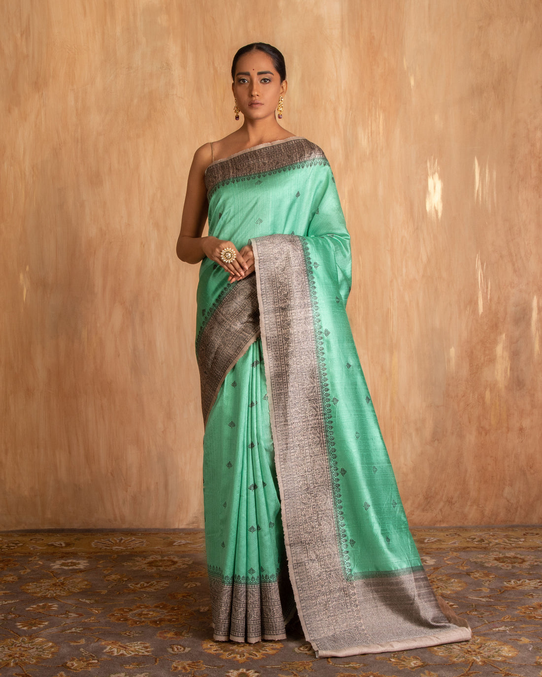Lavani Black Zari Buti Saree Raw Silk