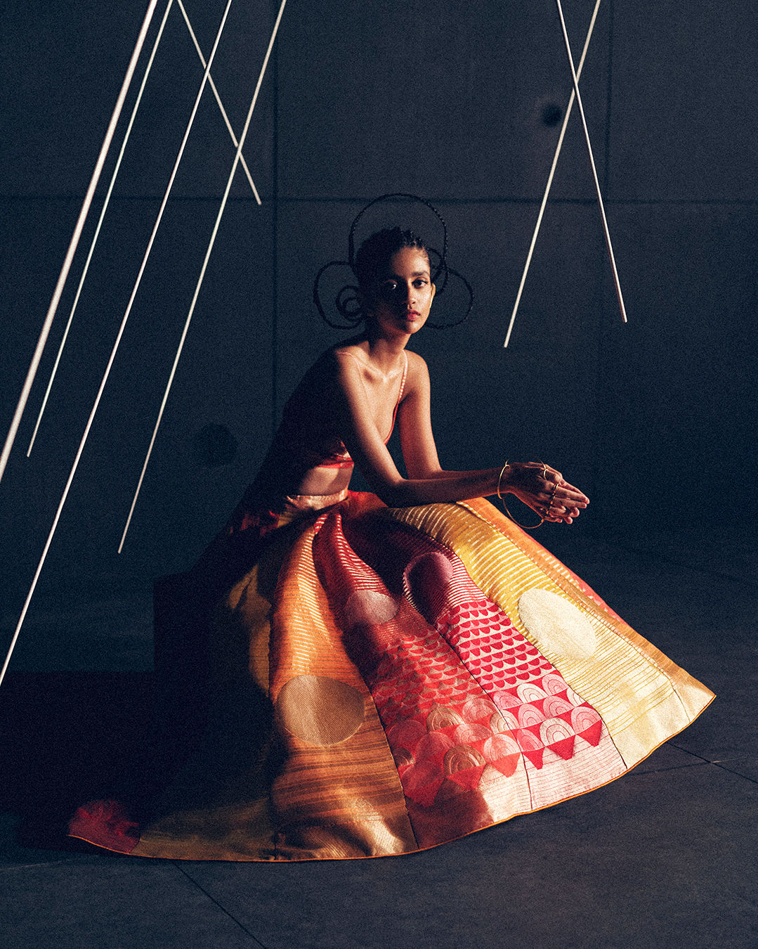 Jamiti Mustard Red Kora Lehenga