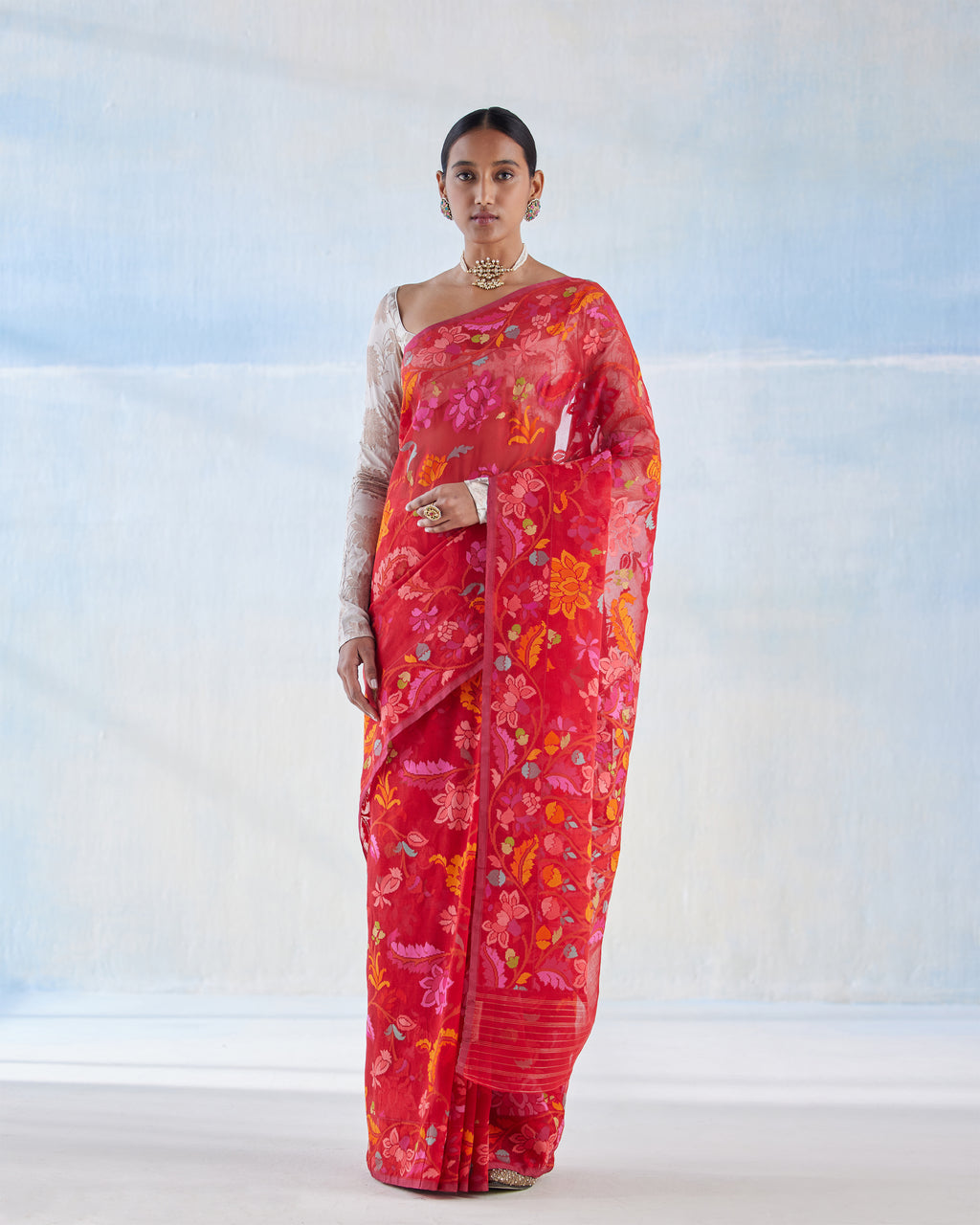 Scarlet Jamdani Cotton Real Zari Saree