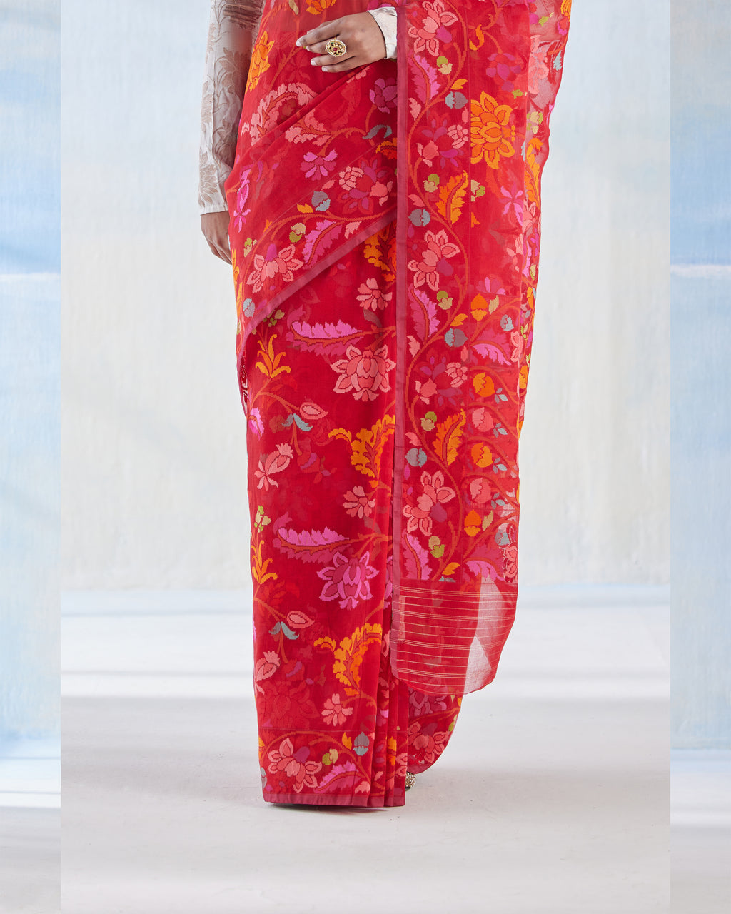 Scarlet Jamdani Cotton Real Zari Saree