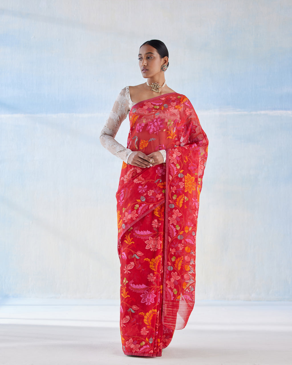 Scarlet Jamdani Cotton Real Zari Saree