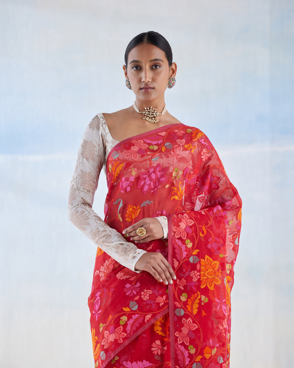 Scarlet Jamdani Cotton Real Zari Saree