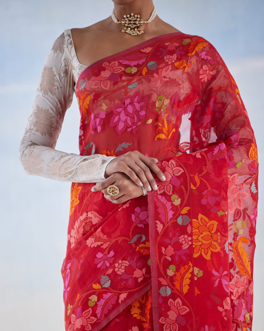 Scarlet Jamdani Cotton Real Zari Saree