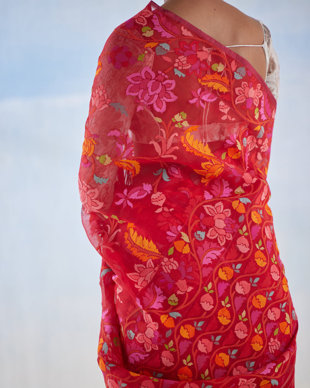 Scarlet Jamdani Cotton Real Zari Saree