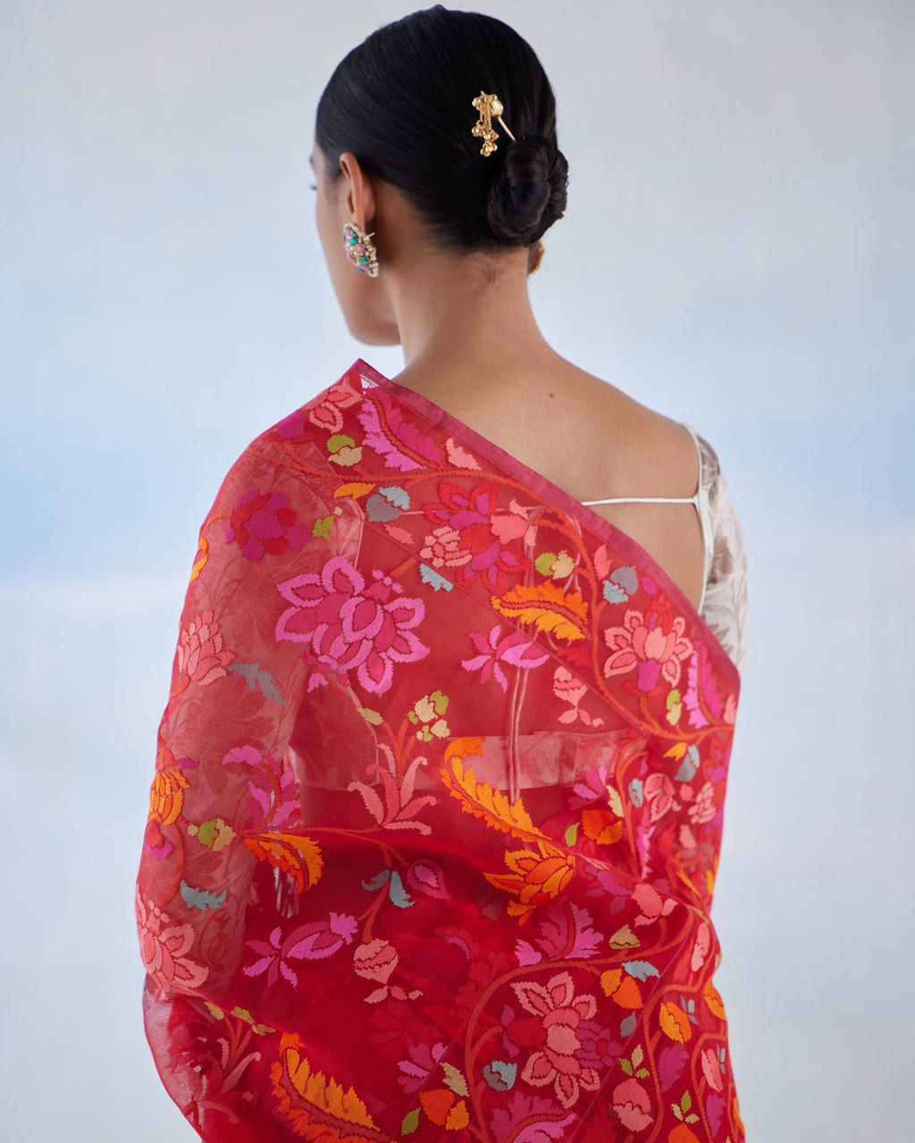 Scarlet Jamdani Cotton Real Zari Saree
