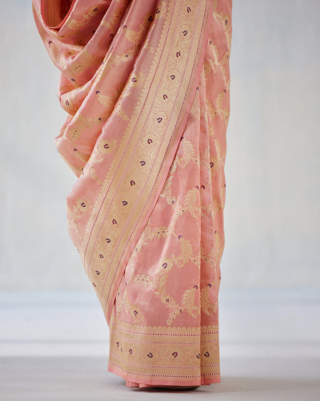 Candlelight Peach Tissue Silk Real Zari Saree