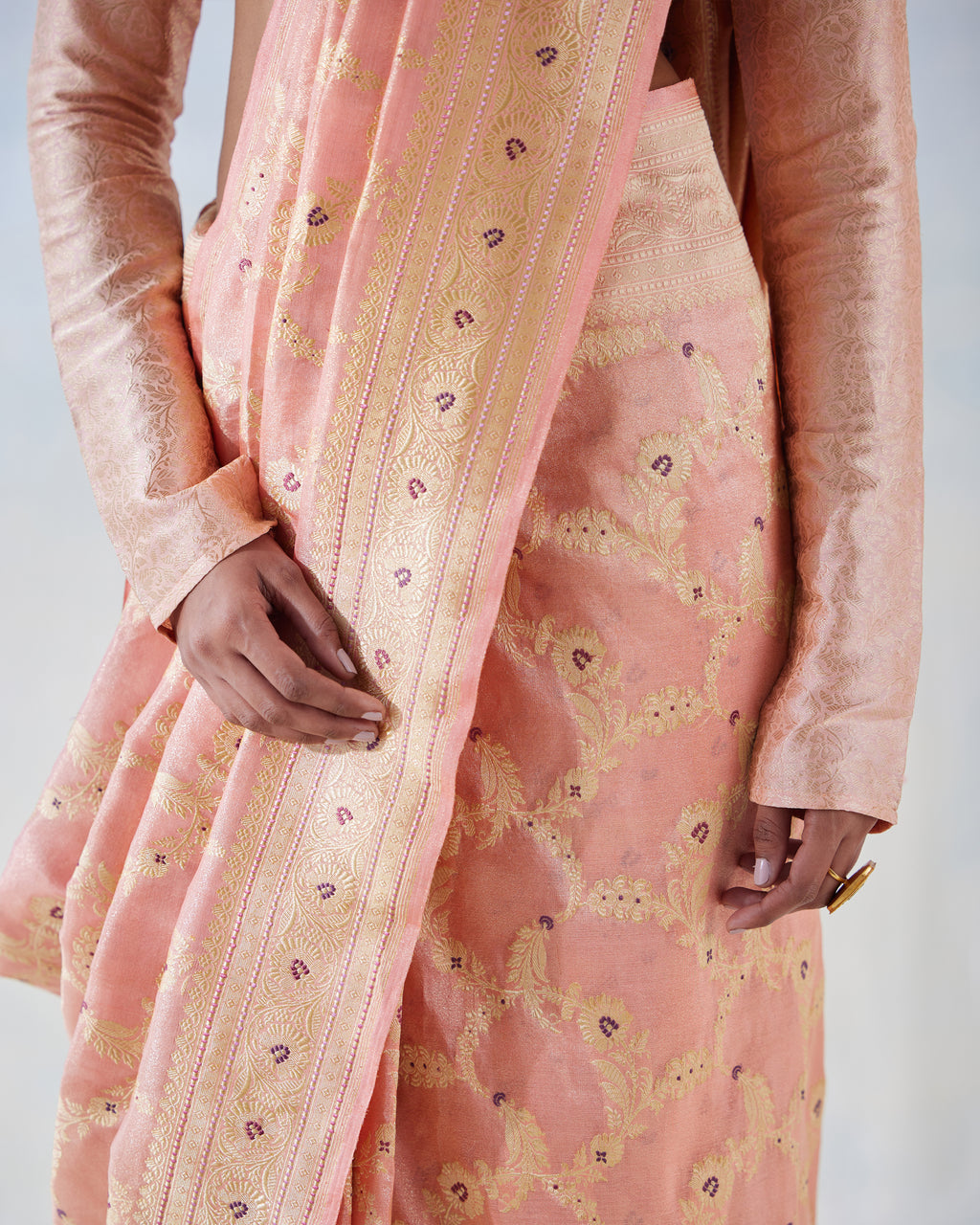 Candlelight Peach Tissue Silk Real Zari Saree
