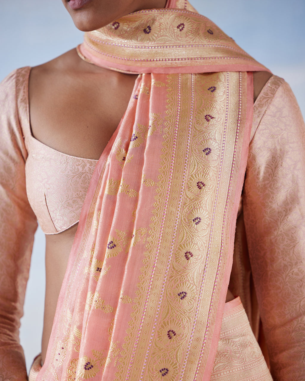 Candlelight Peach Tissue Silk Real Zari Saree
