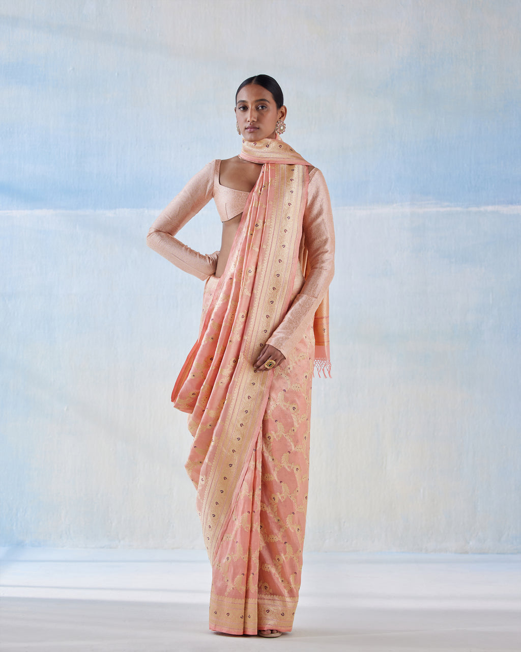 Candlelight Peach Tissue Silk Real Zari Saree